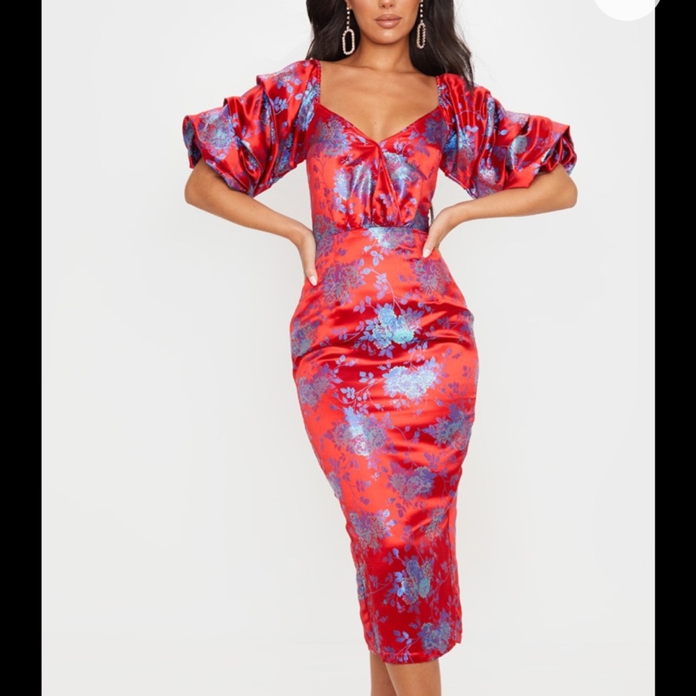 Red Floral Jacquard Lace Up Back Midi Dress pretty little thing